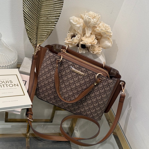 Anne Klein Brown Patterned with Coin Pouch Satchel - Picture 2 of 7